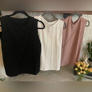 Set of 3 Sleeveless Pleated Front Shell Top - Black, White, Rose